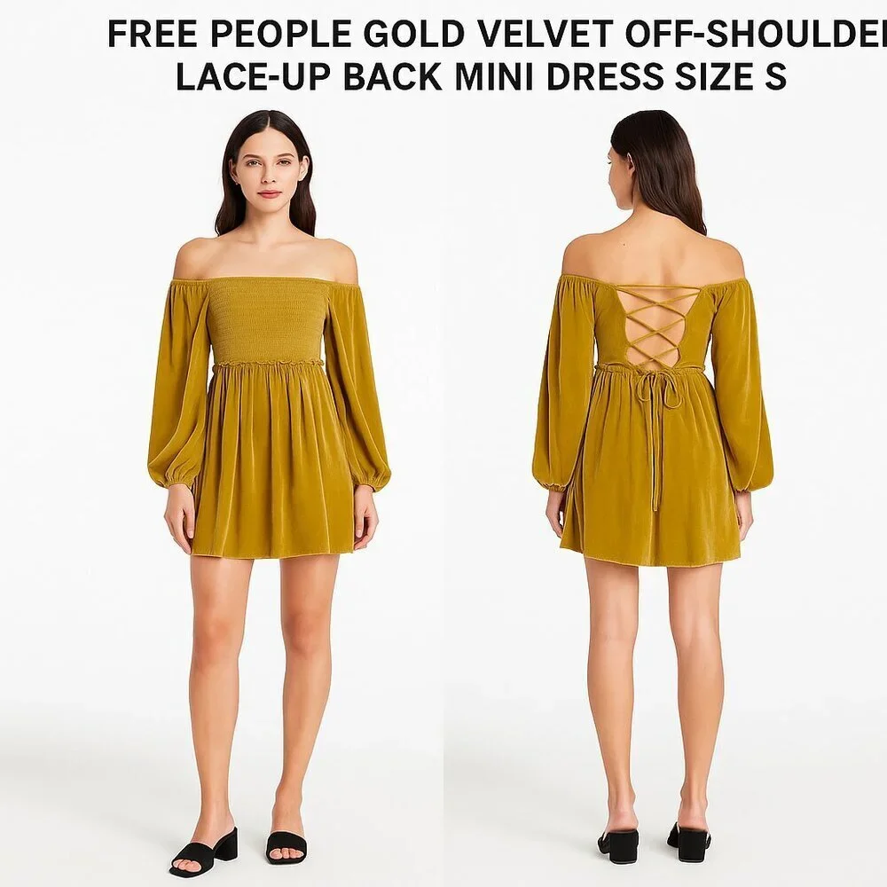 Free People Gold Velvet Off-Shoulder Lace-Up Back Mini Dress Size S